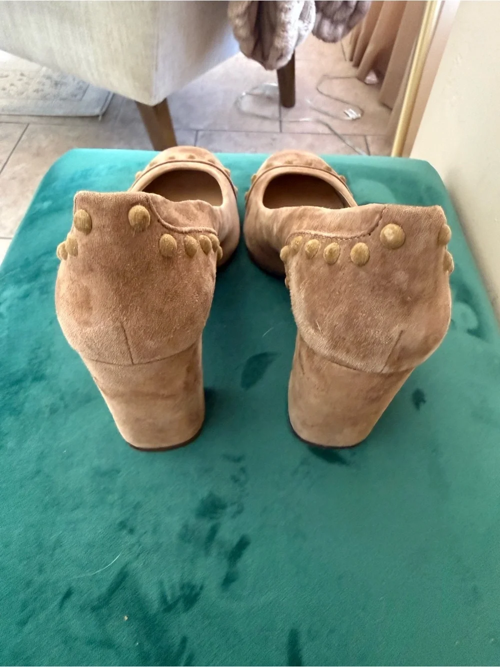 Tory Burch Colt Women’s Suede Block Heel Pumps in light brown with Stud Detail